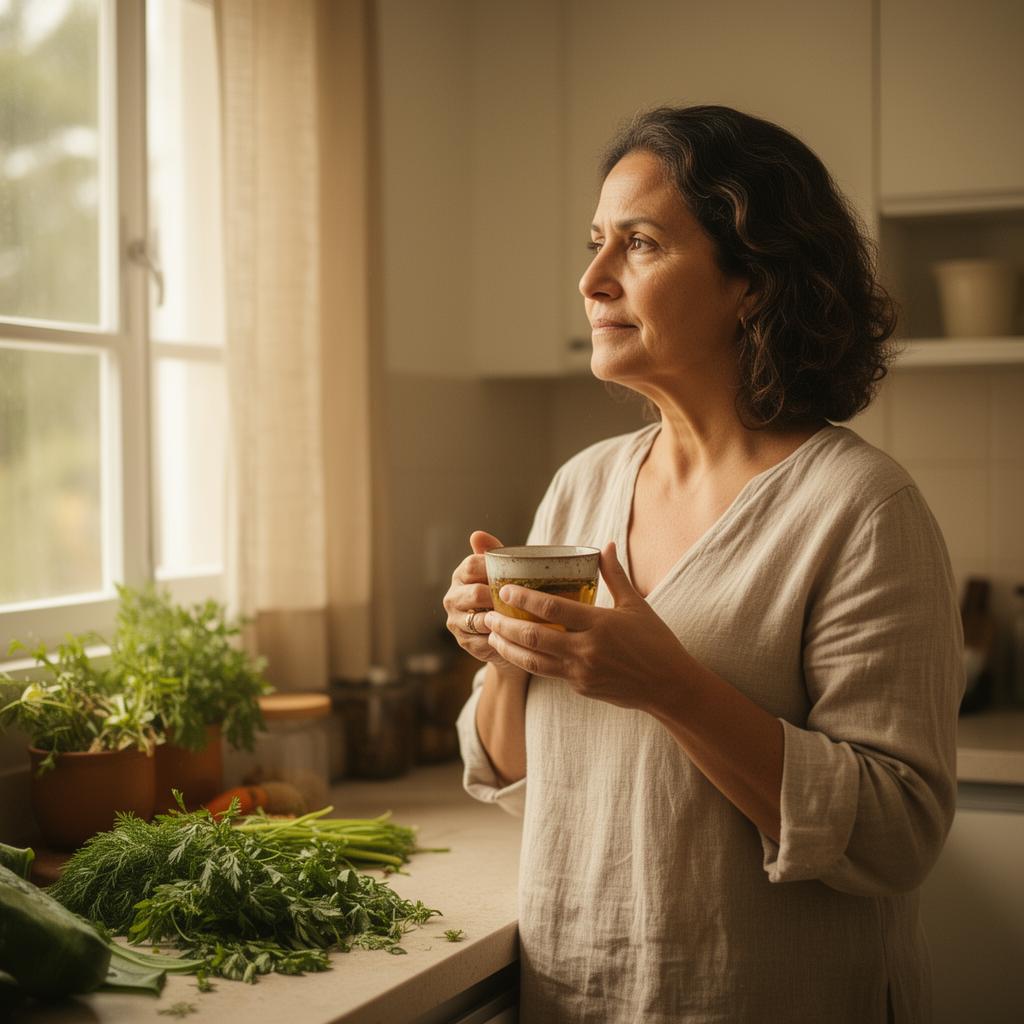 Mulher tomando chá natural na cozinha